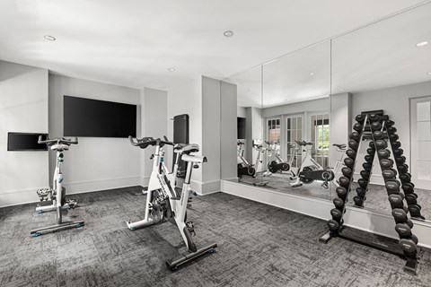A spacious home gym with a variety of exercise equipment.