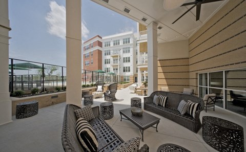 the preserve at ballantyne commons spacious patio with couches and tables