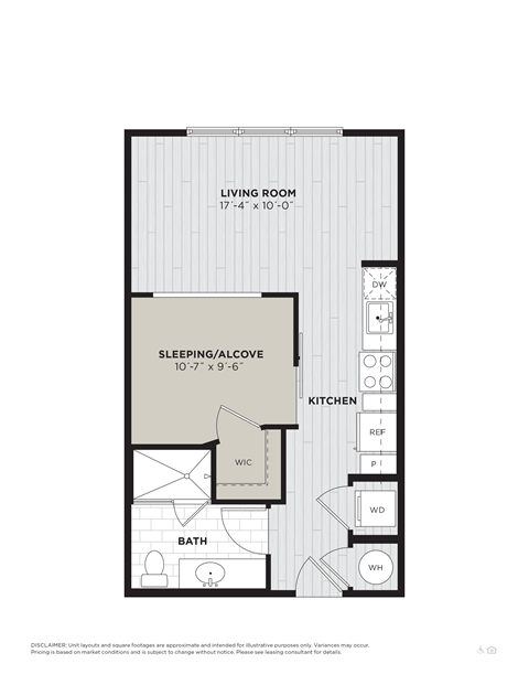 a floor plan of a studio apartment with a bedroom