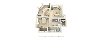 A 3D floor plan of a house with a kitchen, living room, dining room, and bathrooms.