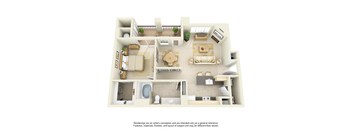 A 3D floor plan of a house showing a kitchen, living room, and bathroom.