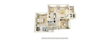 A 3D floor plan of a house showing a living room, kitchen, dining room, and bedrooms.