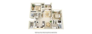 A 3D floor plan of a house with a kitchen, living room, and bathroom.