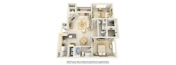 A 3D floor plan of a house with a kitchen, living room, and bathroom.