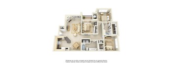 A 3D floor plan of a house with a kitchen, living room, and bedrooms.