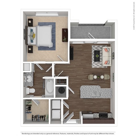 3D floorplan of 1 bedroom apartment
