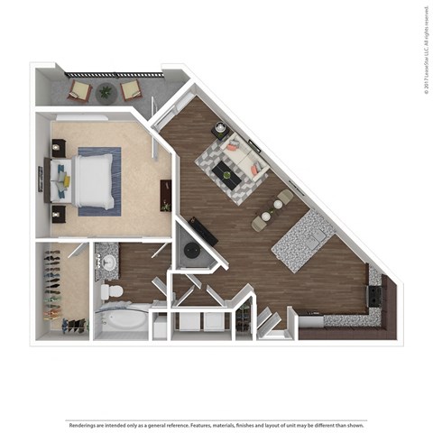 3D floorplan of 1 bedroom apartment