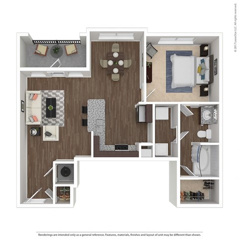 3D floorplan of 1 bedroom apartment