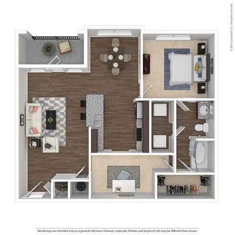 3D floorplan of 1 bedroom apartment