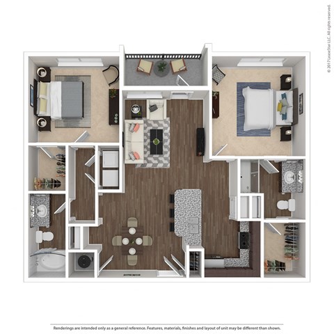 3D floorplan of 2 bedroom apartment