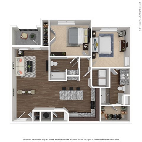 3D floorplan of 2 bedroom apartment