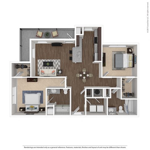 3D floorplan of 2 bedroom apartment