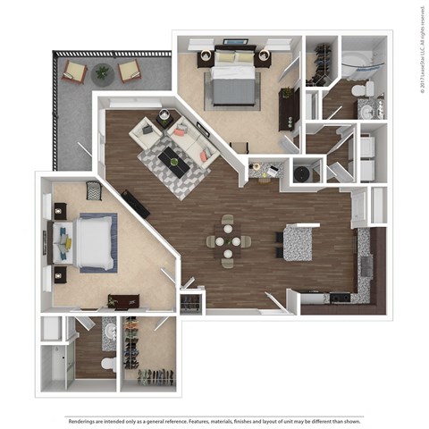 3D floorplan of 2 bedroom apartment