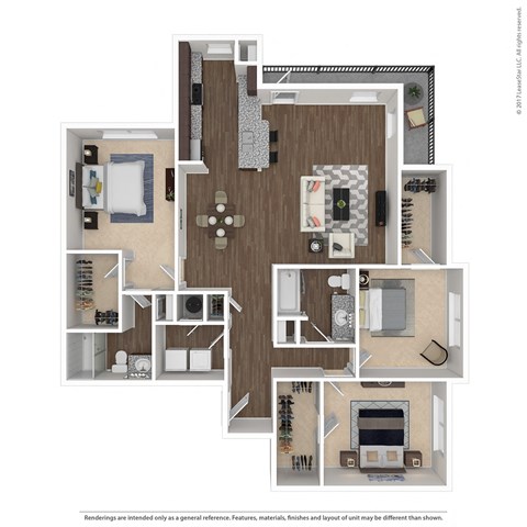 3D floorplan of 3 bedroom apartment