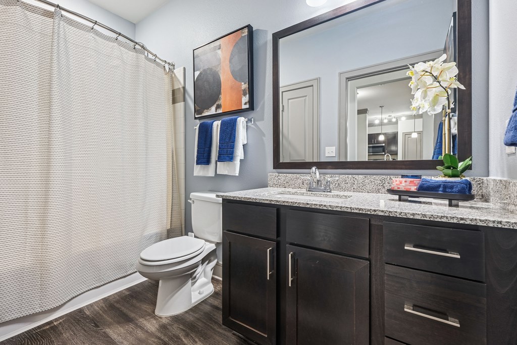 A bathroom with a toilet, sink, and mirror.