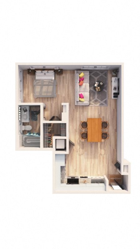 a bedroom with a bed a desk and a mirror