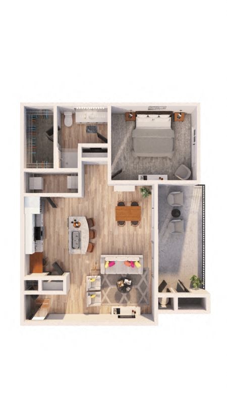 a furnished apartment with a bedroom and living room