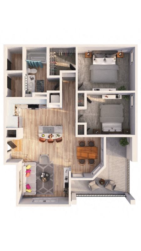 a furnished apartment with a kitchen and living room