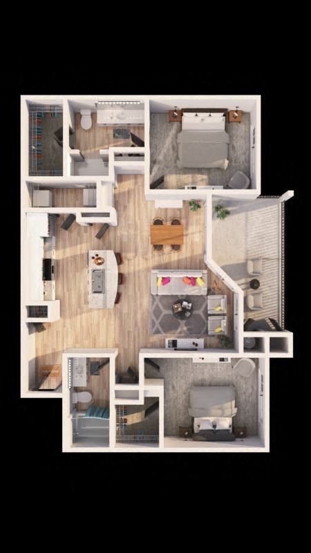 a furnished apartment with a bedroom and a living room