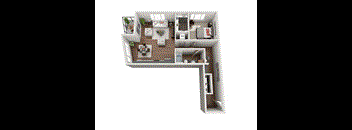 A 3D floor plan of a house with a living room, kitchen, dining room, and bedrooms.