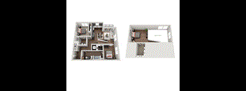 A floor plan of a two-bedroom apartment with a living room, kitchen, and bathroom.