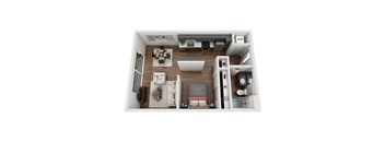 A top-down view of a small apartment layout with a kitchen, living room, and bedroom.