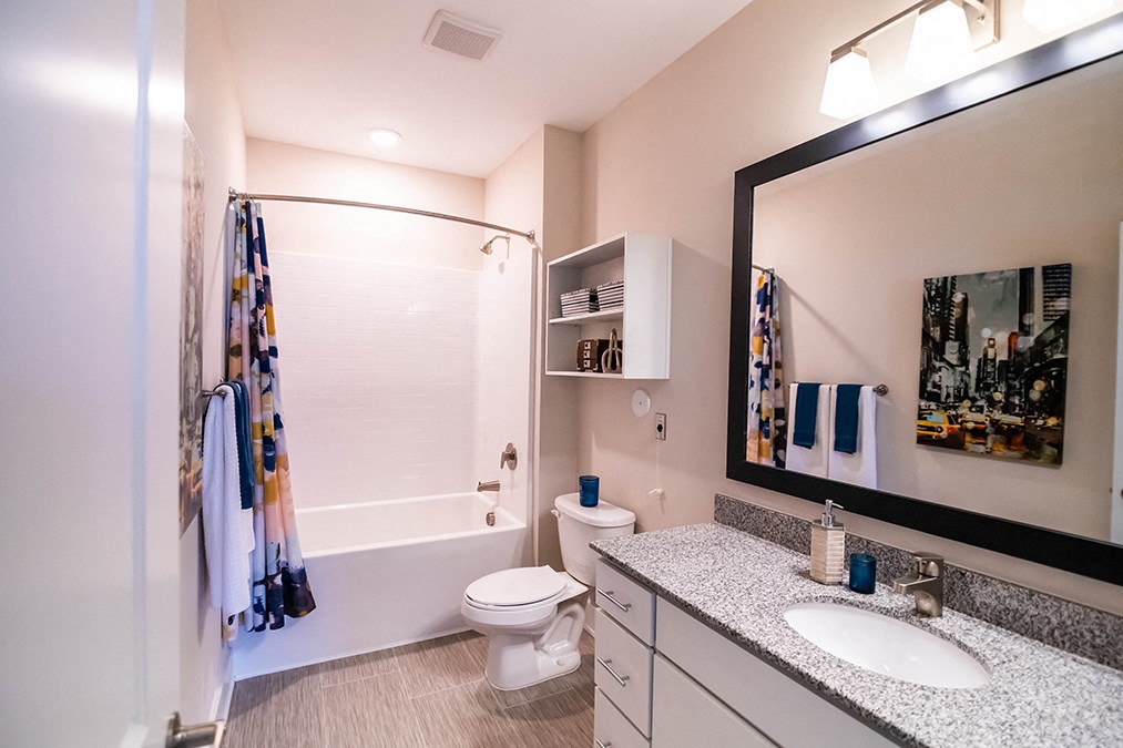 Model interior bathroom with shower/tub combo and bathroom sink/mirrior