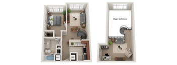 A floor plan of a two-bedroom apartment with a living room, kitchen, and bathroom.