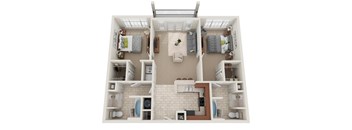 A top down view of a house interior with a kitchen, living room, and two bedrooms.