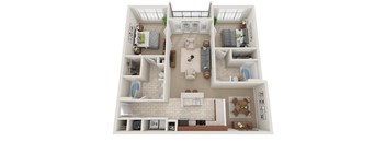 A 3D rendered image of a house layout.