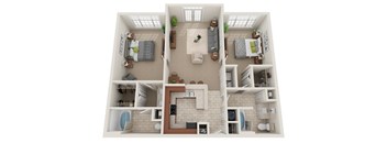 A 3D floor plan of a house with a kitchen, living room, dining room, and bathrooms.