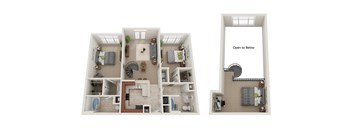 A floor plan of a two-story apartment with a living room, kitchen, and bedrooms.