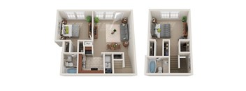 Two images of a small apartment layout with a kitchen, living room, and bathroom.