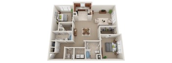 A 3D floor plan of a house with a kitchen, living room, and bathrooms.