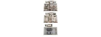 Three floor plans of a house with a garage.