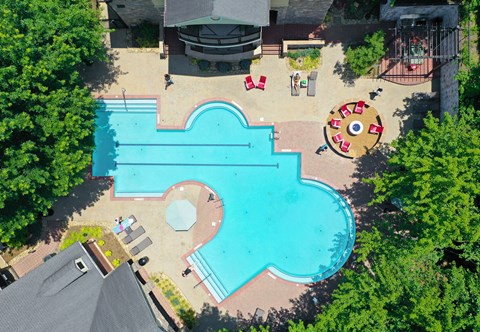 An aerial view of a swimming pool surrounded by trees and a playground.