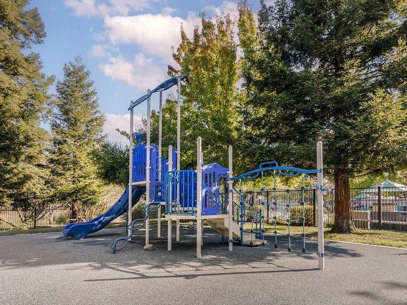 a playground with a blue slide in a park