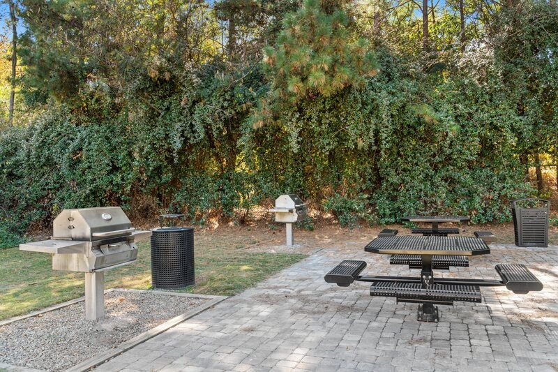 a picnic area with a barbecue grill and picnic table