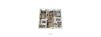 A floor plan of a house with a living room, kitchen, and two bedrooms.