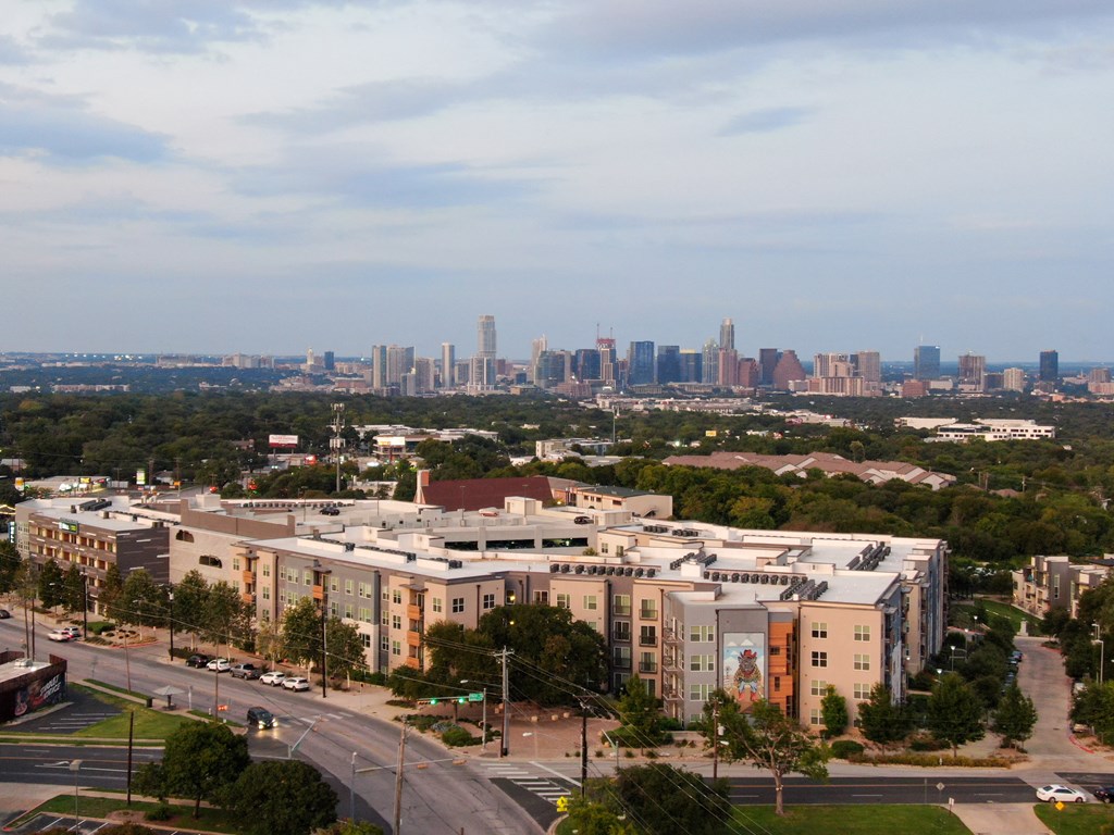 the city with the downtown skyline in the background