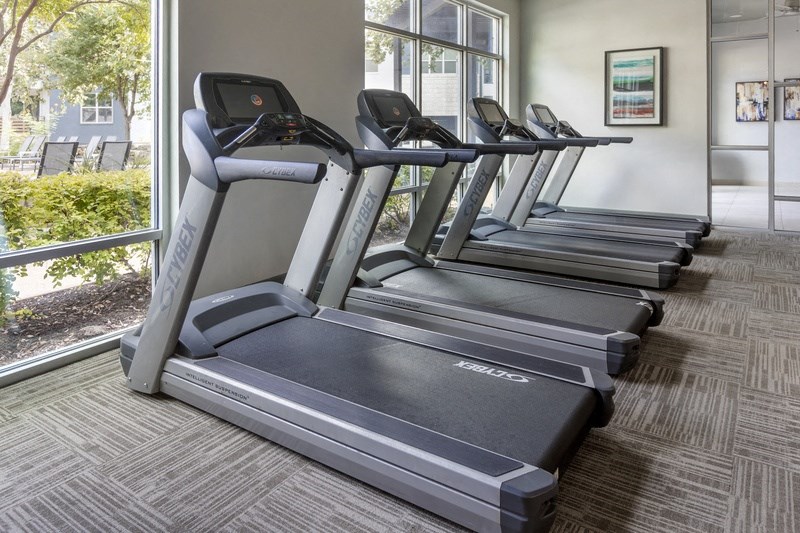 a row of treadmills in a gym with a window