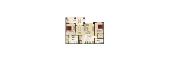A floor plan of a house with two bedrooms, a living room, a dining room, a kitchen, a utility room, and two bathrooms.