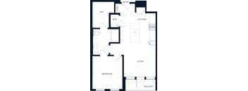 A black and white floor plan of a house with a living room, kitchen, bedroom, and balcony.