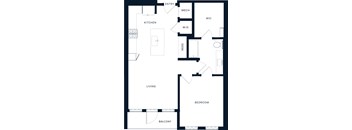 A floor plan of an apartment with a living room, kitchen, bedroom, and balcony.