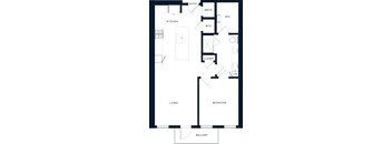 A floor plan of a home with a living room, kitchen, bedroom, and balcony.