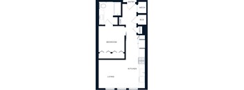 A floor plan of a small apartment with a bedroom, kitchen, and living room.