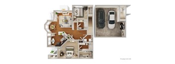 A floor plan of a house with two bedrooms, a living room, a kitchen, a bathroom, and two parking spaces.
