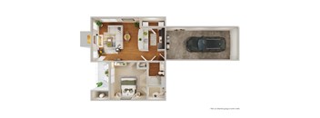 A top-down view of a house layout with a kitchen, living room, dining area, and a garage.