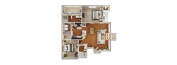 A floor plan of a small apartment with a kitchen, living room, and two bedrooms.