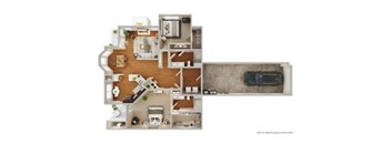 A 3D floor plan of a house with a kitchen, living room, and bathroom.